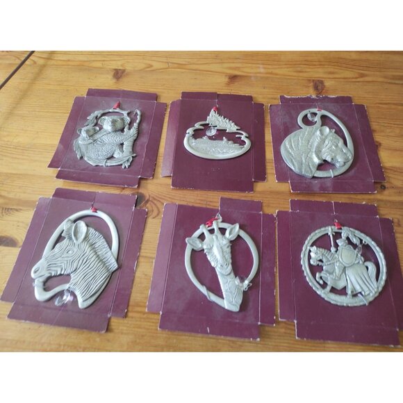 Vintage Pewter Hanging Animal Ornaments set of six signed "Glenda" - Picture 2 of 16